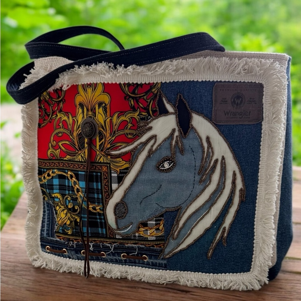 Denim patchwork large beaded embroidery shoulder bag-tote bag up-cycled boho bag
